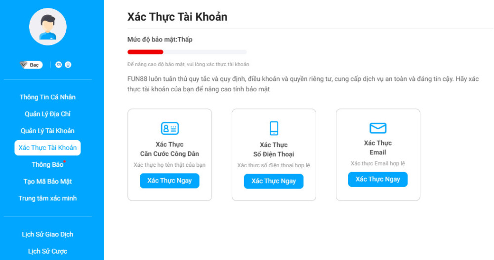 Xác thực tài khoản khi rút tiền fun88